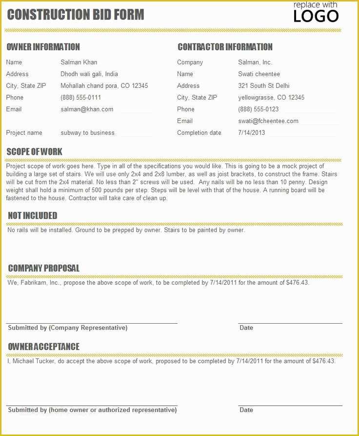 Free Construction Proposal Template Of Free Construction Time and Material forms
