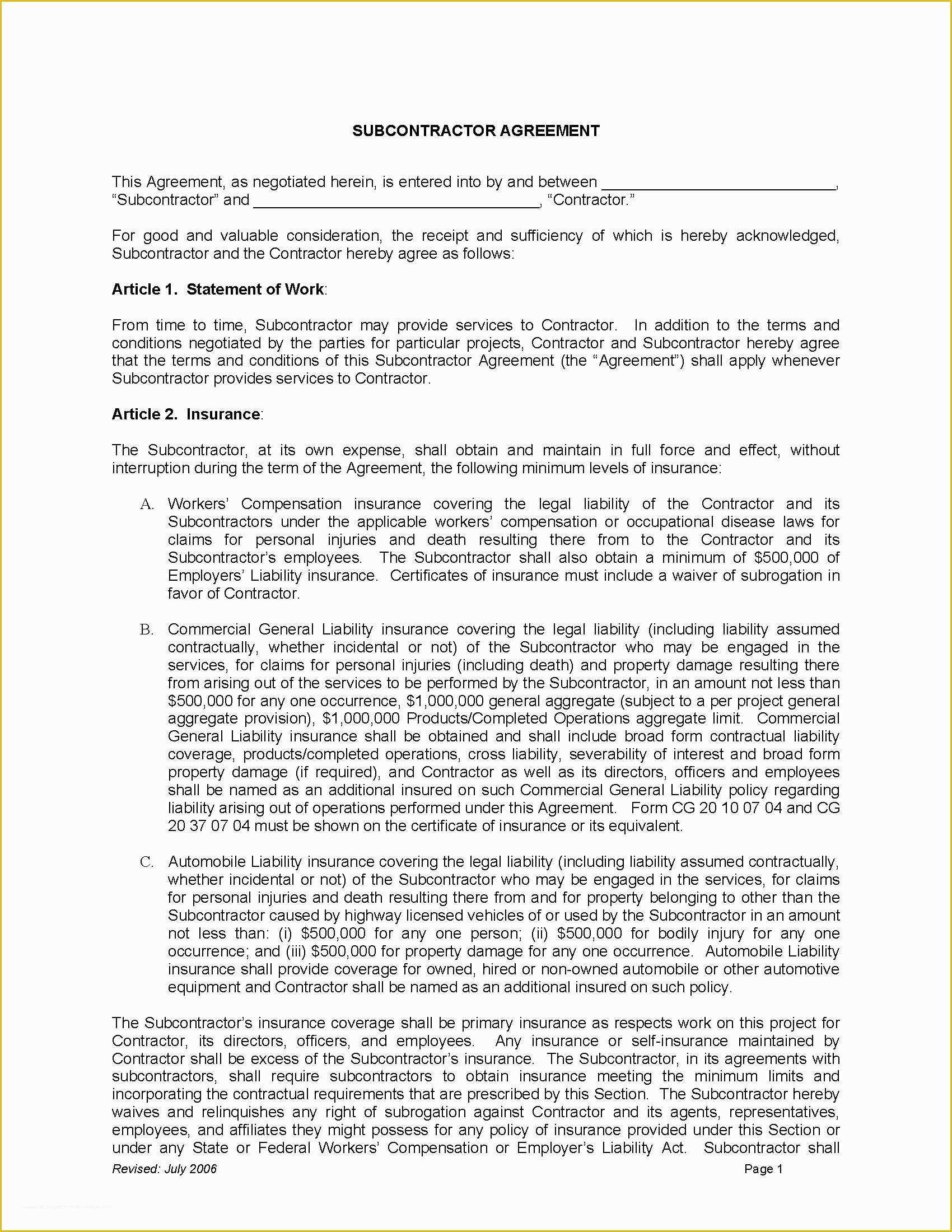 Free Construction Subcontractor Agreement Template Of Agreement Subcontractor Agreement