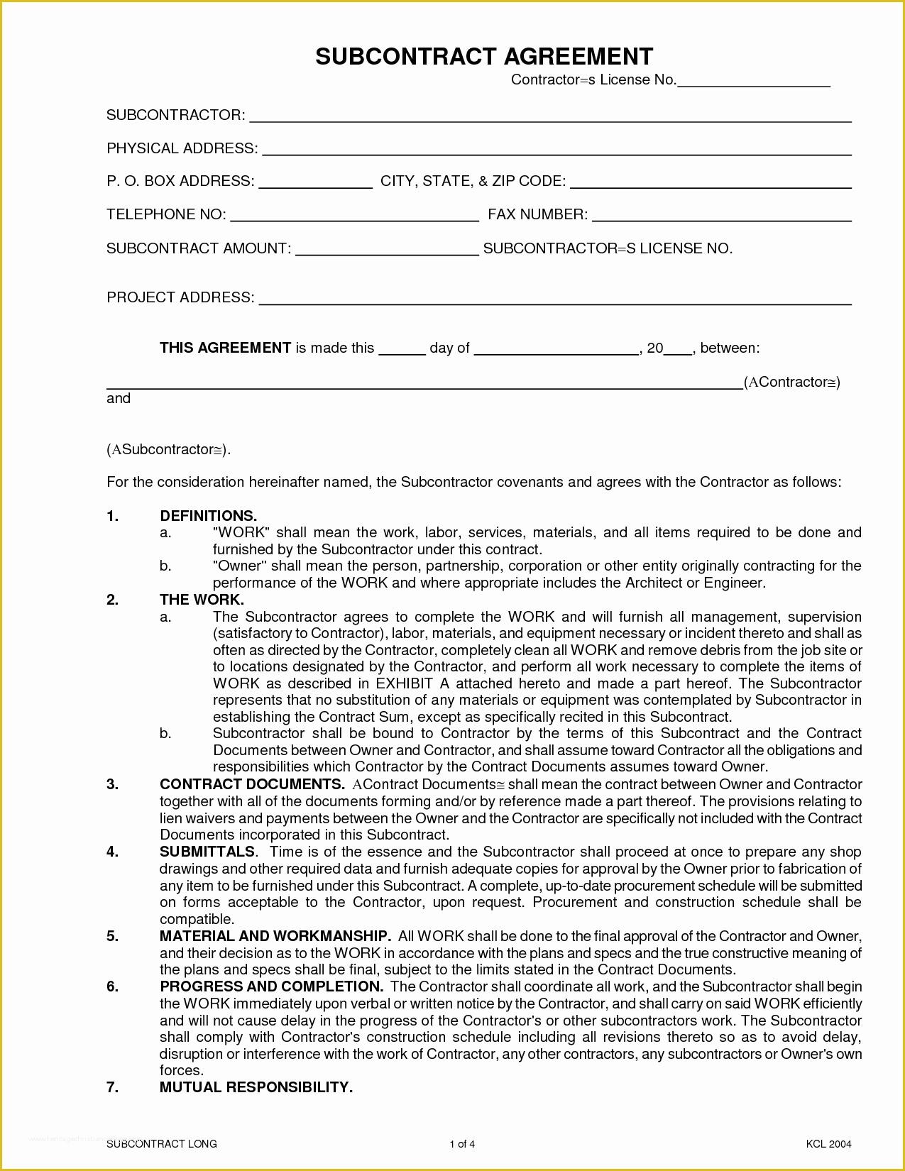 Free Construction Subcontractor Agreement Template Of Agreement Subcontractor Agreement Template