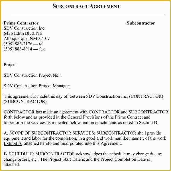 Free Construction Subcontractor Agreement Template Of Standard Subcontract Agreement Template Sample