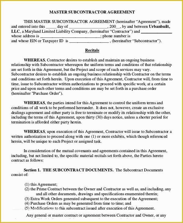 Free Construction Subcontractor Agreement Template Of Subcontractor Agreement 11 Free Word Pdf Documents