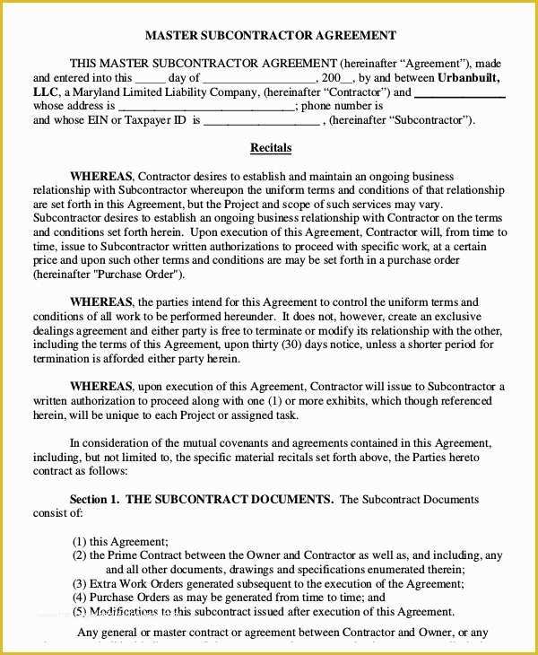 Free Construction Subcontractor Agreement Template Of Subcontractor Agreement 11 Free Word Pdf Documents
