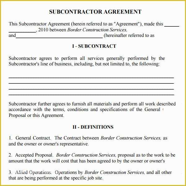 Free Construction Subcontractor Agreement Template Of Subcontractor Agreement 13 Free Pdf Doc Download