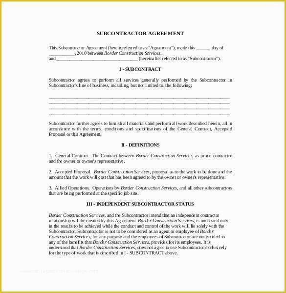 Free Construction Subcontractor Agreement Template Of Subcontractor Agreement Template – 16 Free Word Pdf