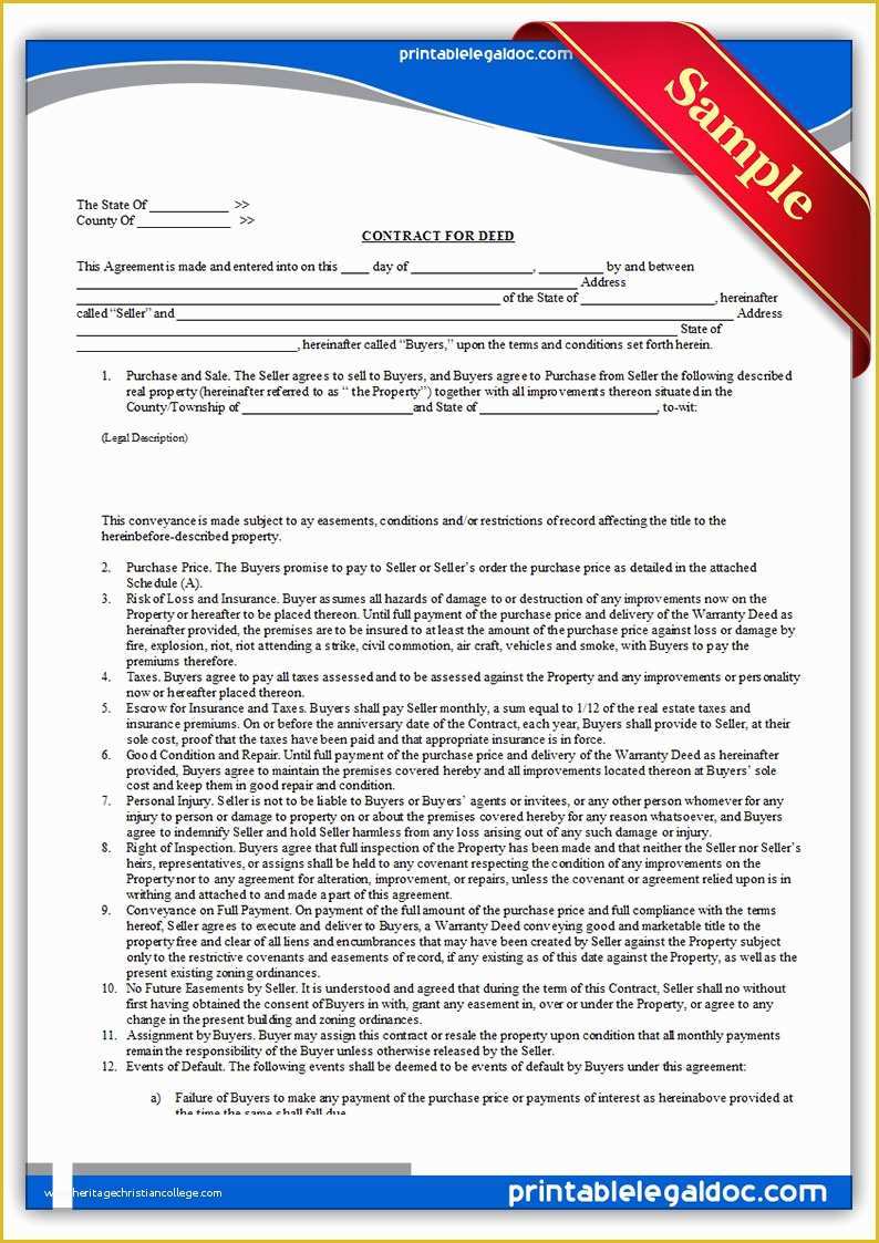 Free Contract for Deed Template Of Free Printable Contract for Deed forms Template