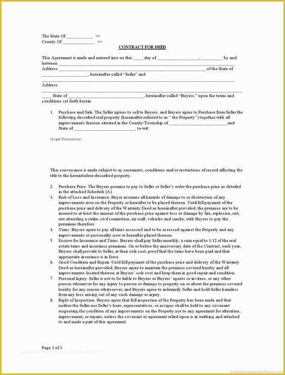 Free Contract for Deed Template Of Printable Sample Contract for Deed form