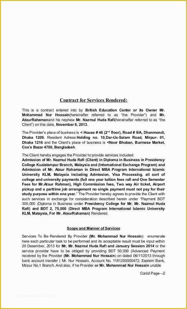 Free Contract Template for Services Rendered Of Services Rendered Contracts Free Download Printable