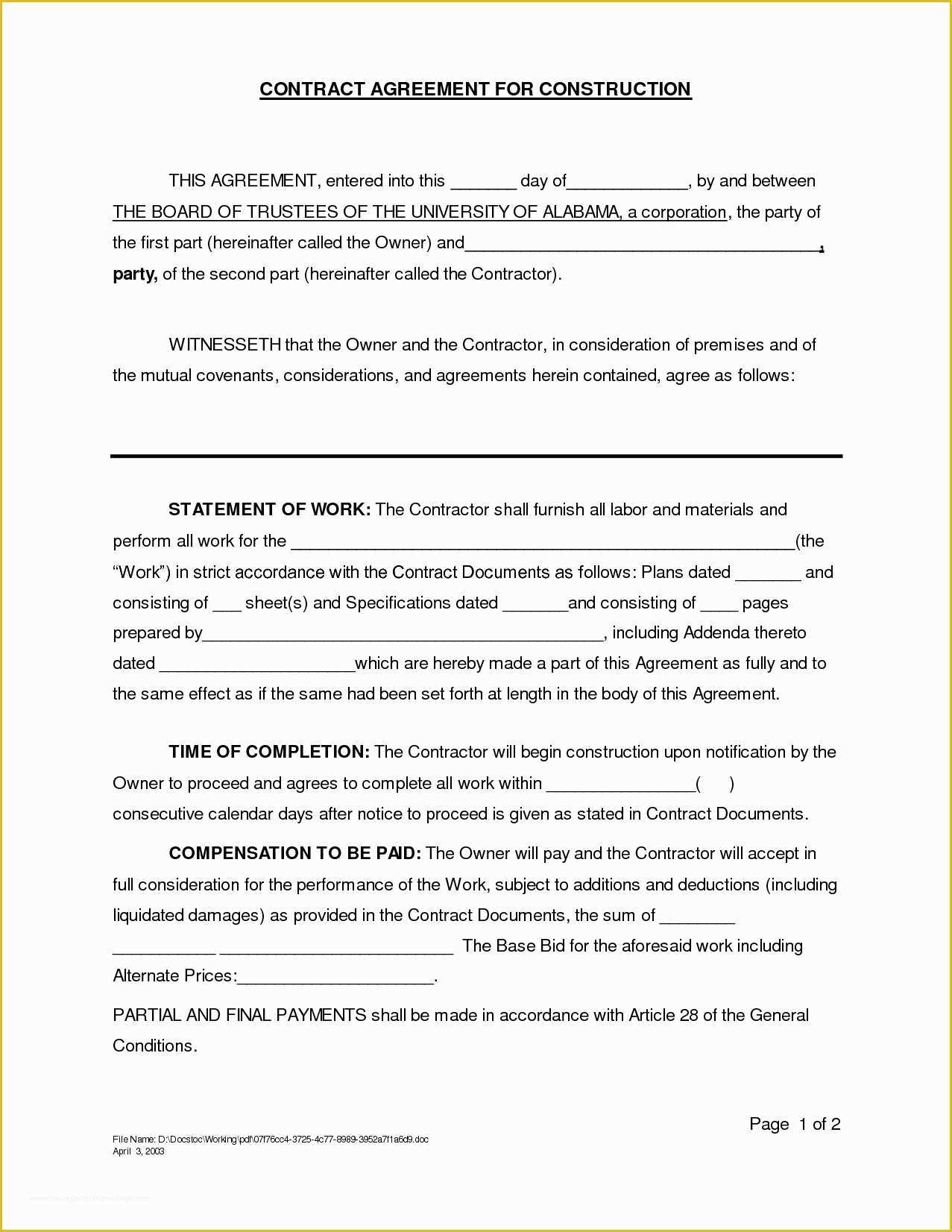 Free Contract Templates Of Construction Contract Template