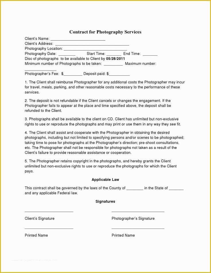 Free Contract Templates Of Free Printable Wedding Graphy Contract Template form