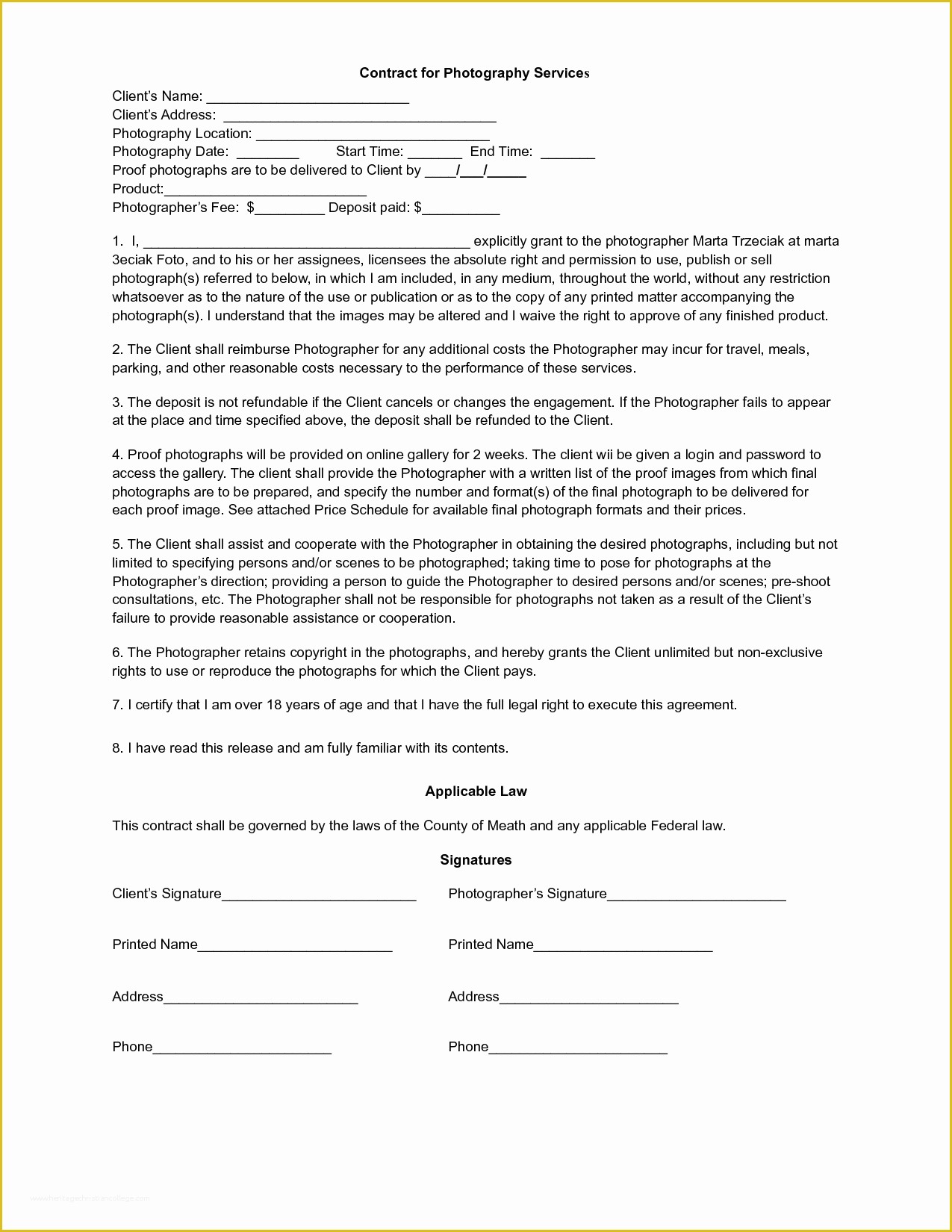 Free Contract Templates Of Printable Free Photography Contracts Music Search Engine