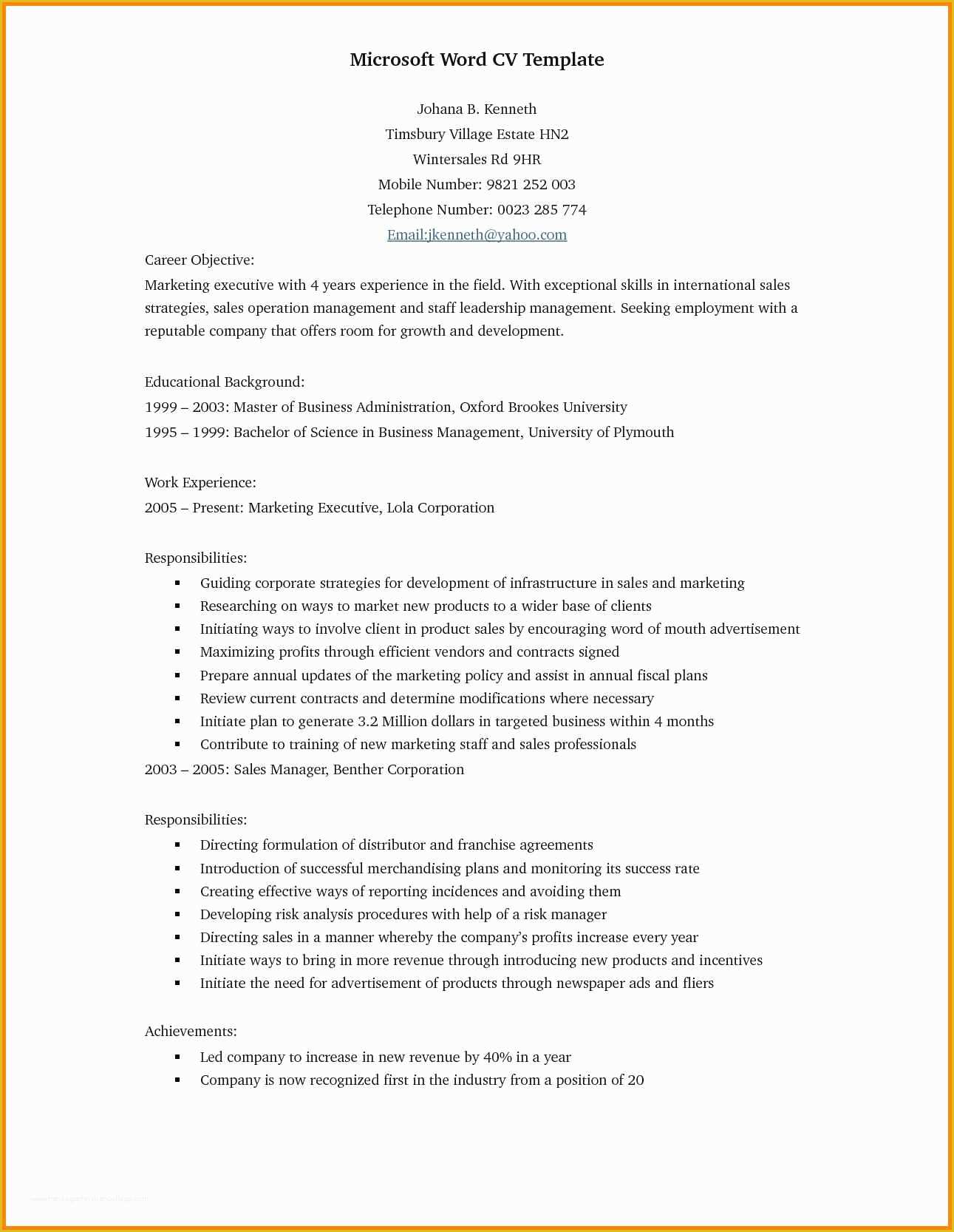 Free Curriculum Vitae Template Word Of 17 Cv format In Word Doc