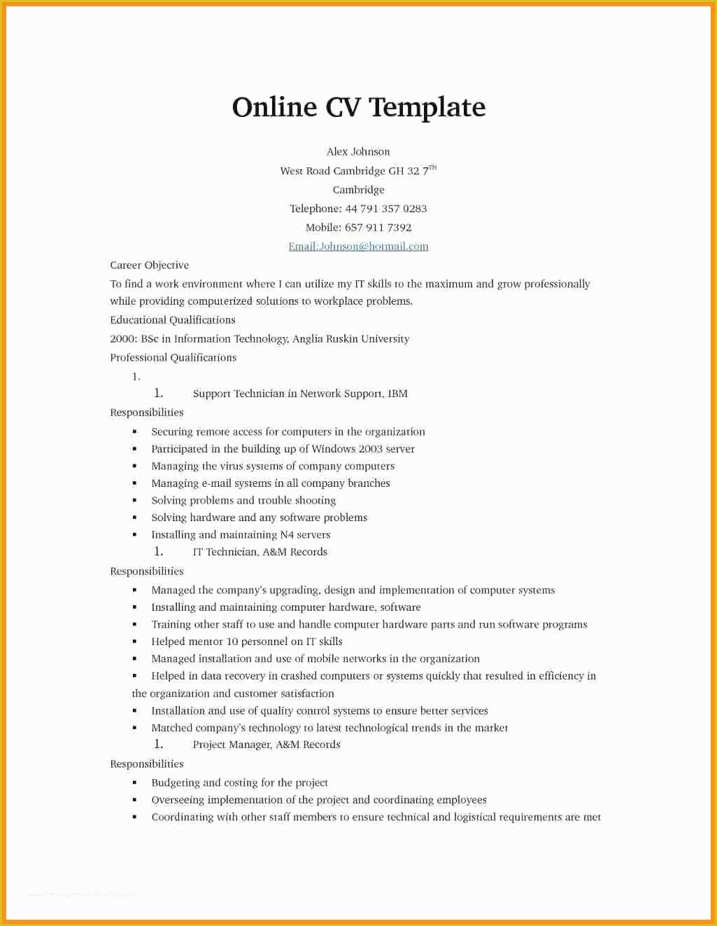 Free Curriculum Vitae Template Word Of 9 Curriculum Vitae Simple En Word