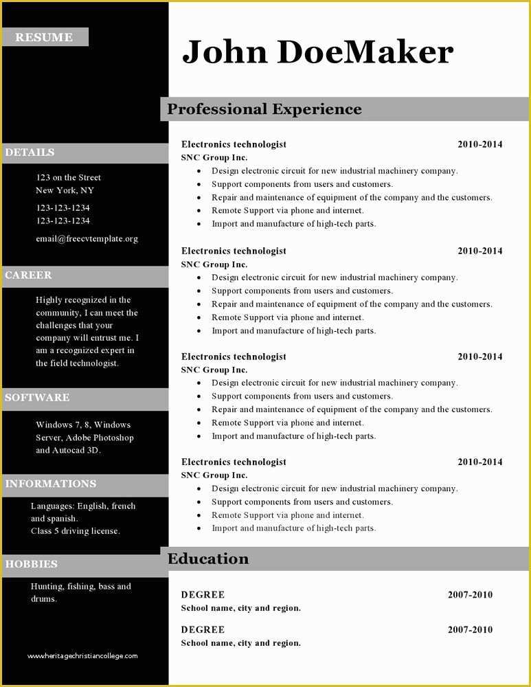 Free Curriculum Vitae Template Word Of Resume Cv Templates 434 to 440 – Free Cv Template Dot org