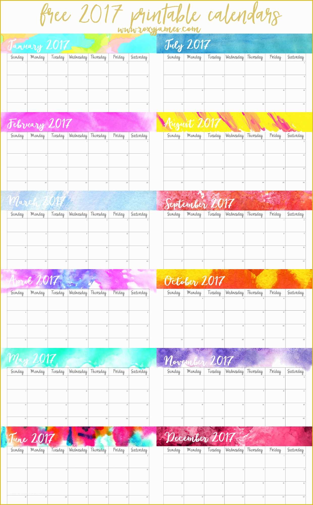 Free Downloadable Calendar Template Of Free 2017 Printable Calendars Watercolor Roxy James