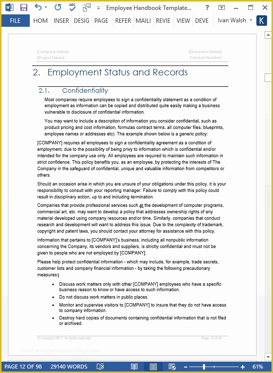 Free Employee Handbook Template Pdf Of Employee Handbook Templates Ms Word Free Policy Manual