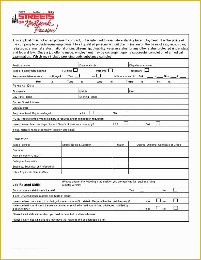 Free Employment Application Template Florida Of Free Streets Of New York Job Application form