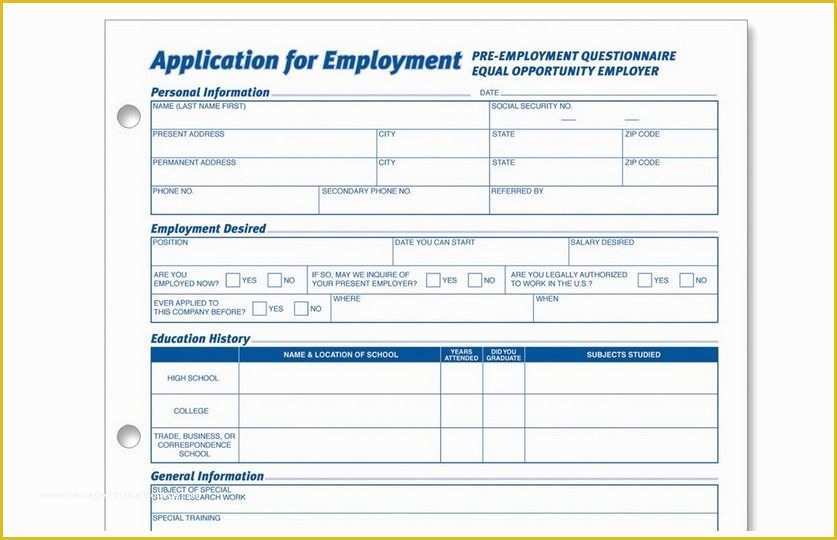 Free Employment Application Template Florida Of Generic Employment Application form