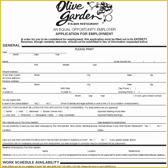 Free Employment Application Template Florida Of Olive Garden Application Line & Print Out