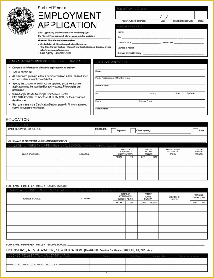 Free Employment Application Template Florida Of State Of Florida Employment Application Free Download