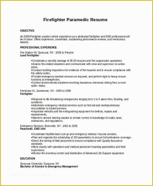 Free Emt Resume Templates Of 7 Firefighter Resume Templates Pdf Doc