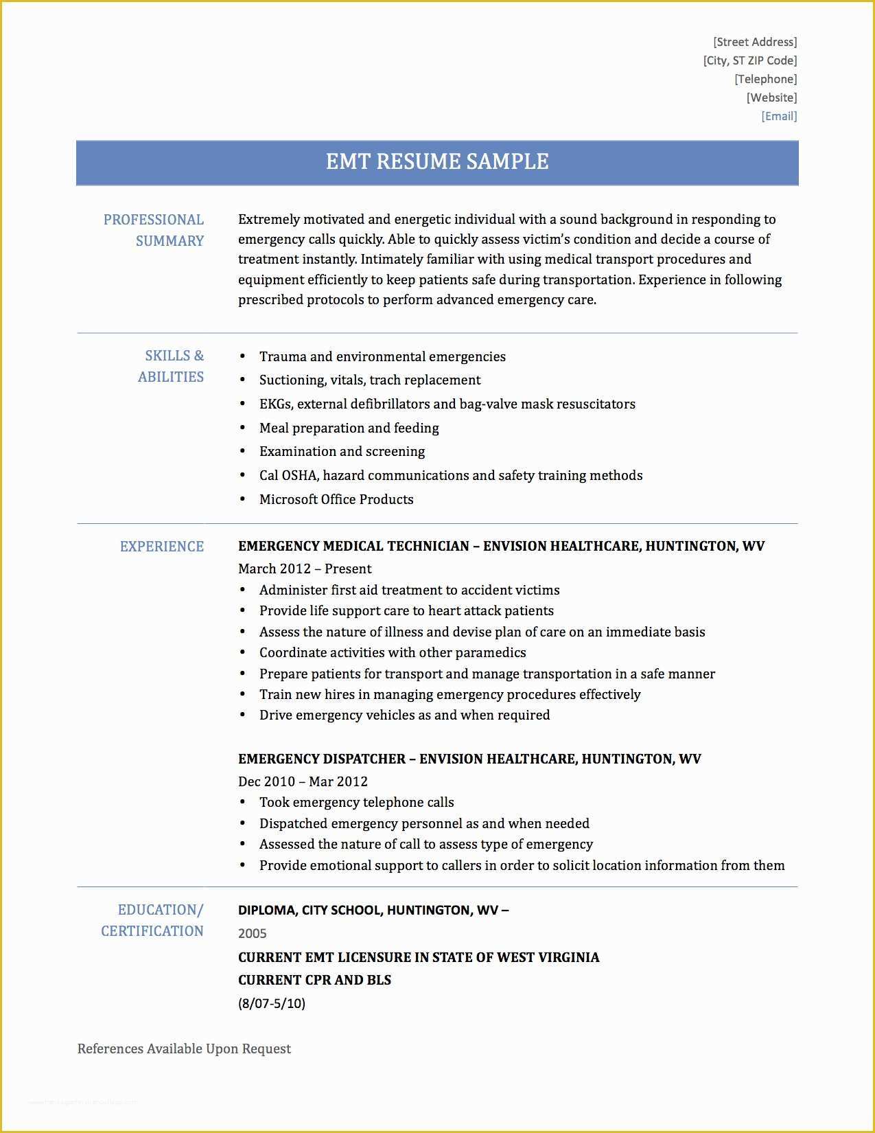 Free Emt Resume Templates Of Emergency Medical Technician Resume Sample Unique Emt