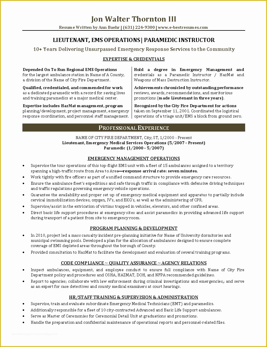 Free Emt Resume Templates Of Ems Management Lieutenant Paramedic Instructor Resume Sample