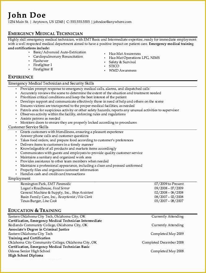 Free Emt Resume Templates Of Emt Paramedic Resume Sample