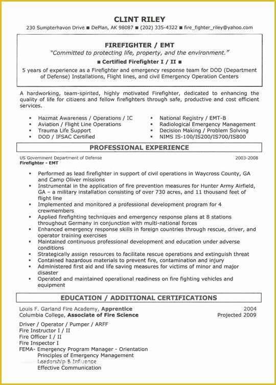 Free Emt Resume Templates Of Firefighter Resume Example