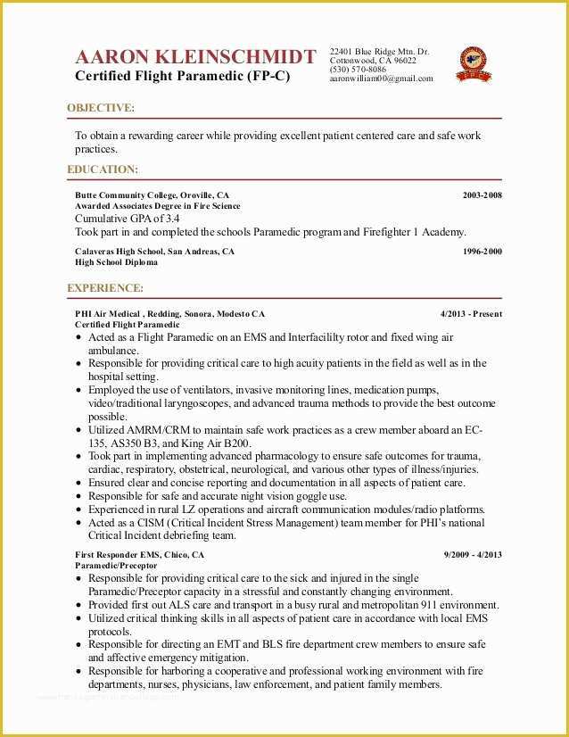 Free Emt Resume Templates Of New Flight Paramedic Resume