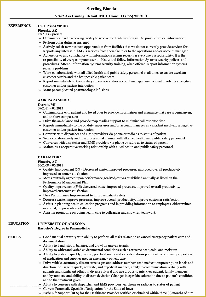 Free Emt Resume Templates Of Paramedic Resume Samples