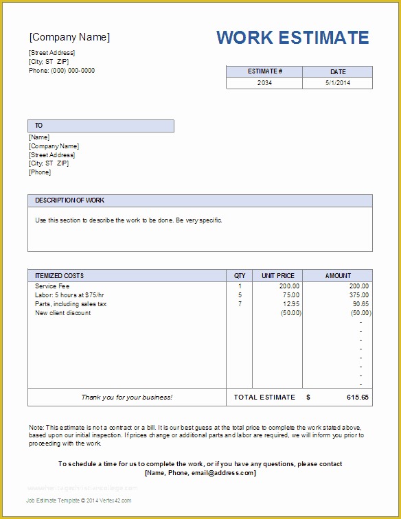 Free Estimate Template Of 5 Work Estimate Template