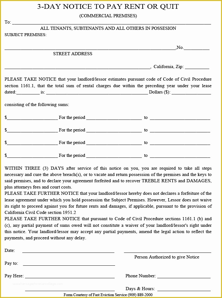 Free Eviction Notice Template California Of 3 Day Notice to Pay Rent Quit – Free Mercial
