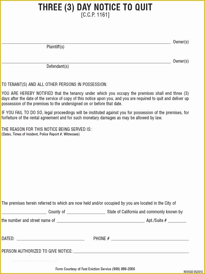 Free Eviction Notice Template California Of Free Printable Eviction Notice form Generic