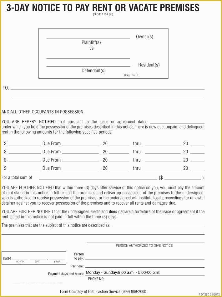 Free Eviction Notice Template California Of Printable Sample 3 Day Eviction Notice form