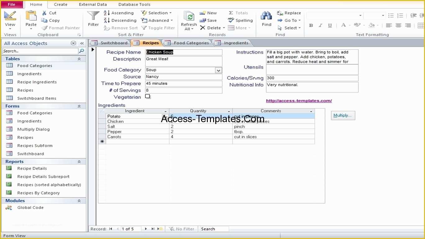 Free Excel Database Templates Of Microsoft Access Food Recipe Database Templates Example
