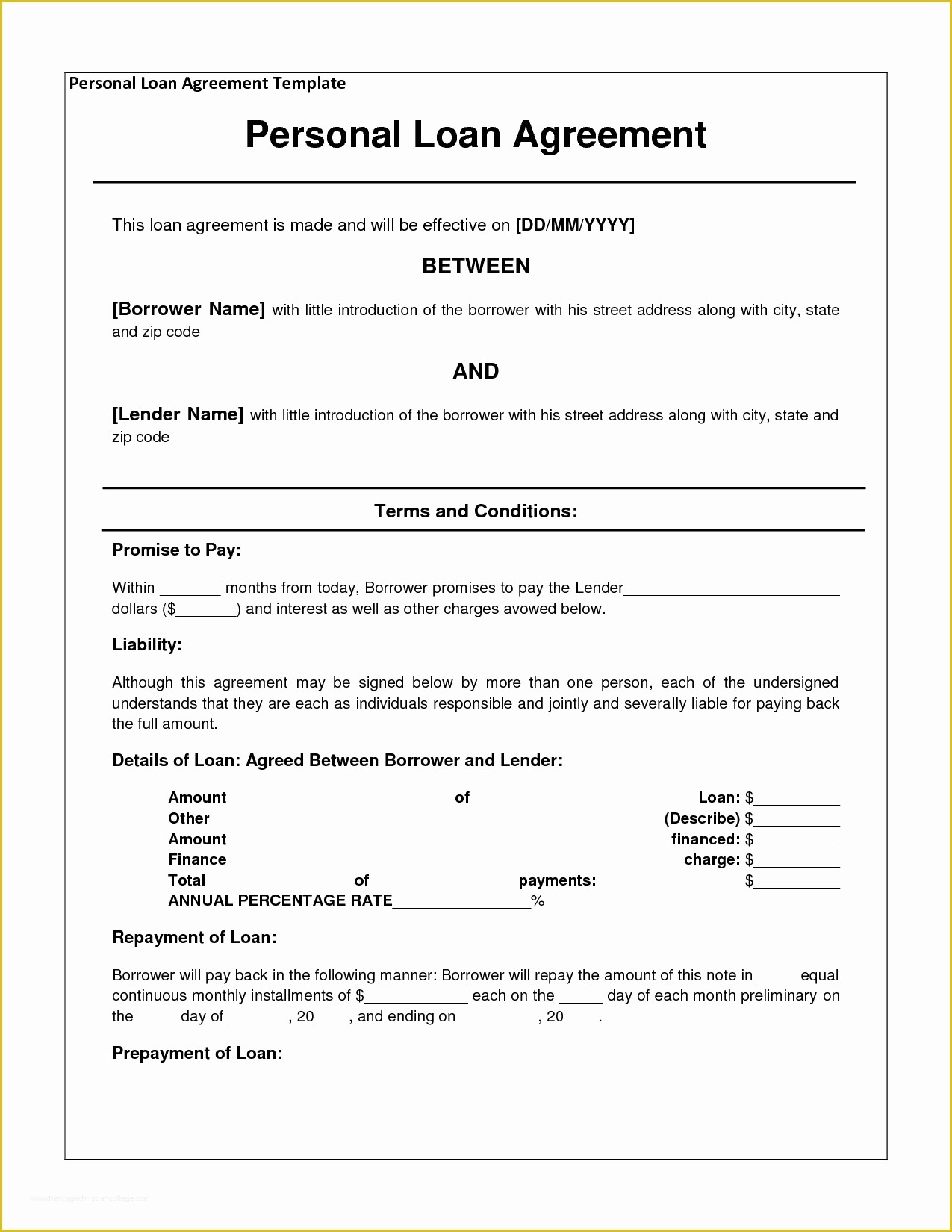 Free Financial Loan Agreement Template Of Free Personal Loan Agreement form Template $1000