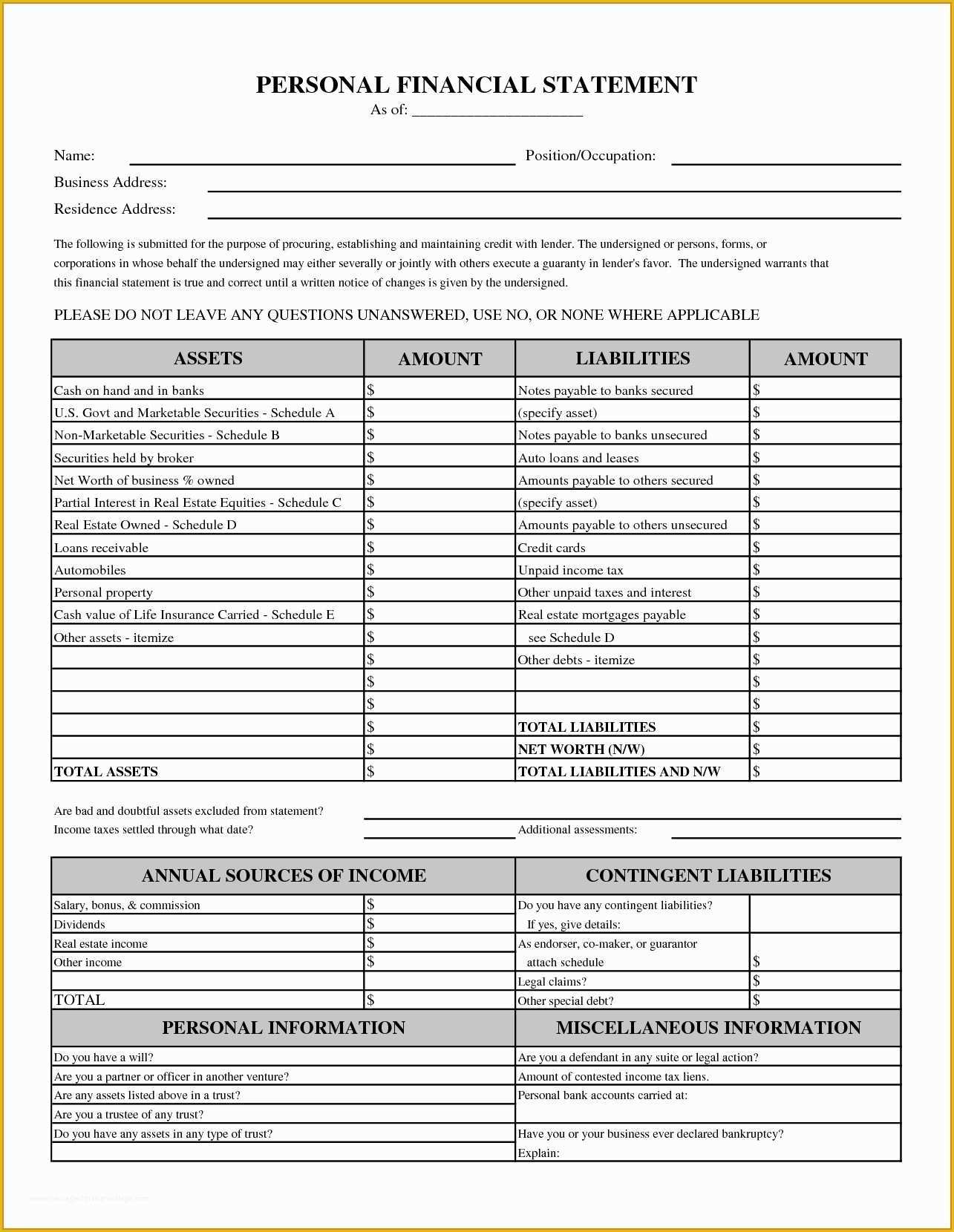 Free Financial Statement Template Of Free Printable Personal Financial Statement Template 11