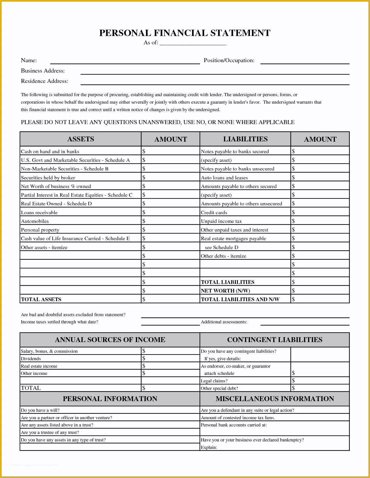 Free Financial Statement Template Of Free Printable Personal Financial Statement Template 11