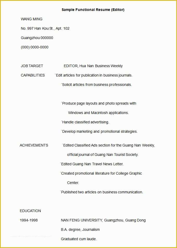 Free Functional Resume Template Of Functional Resume Template – 15 Free Samples Examples