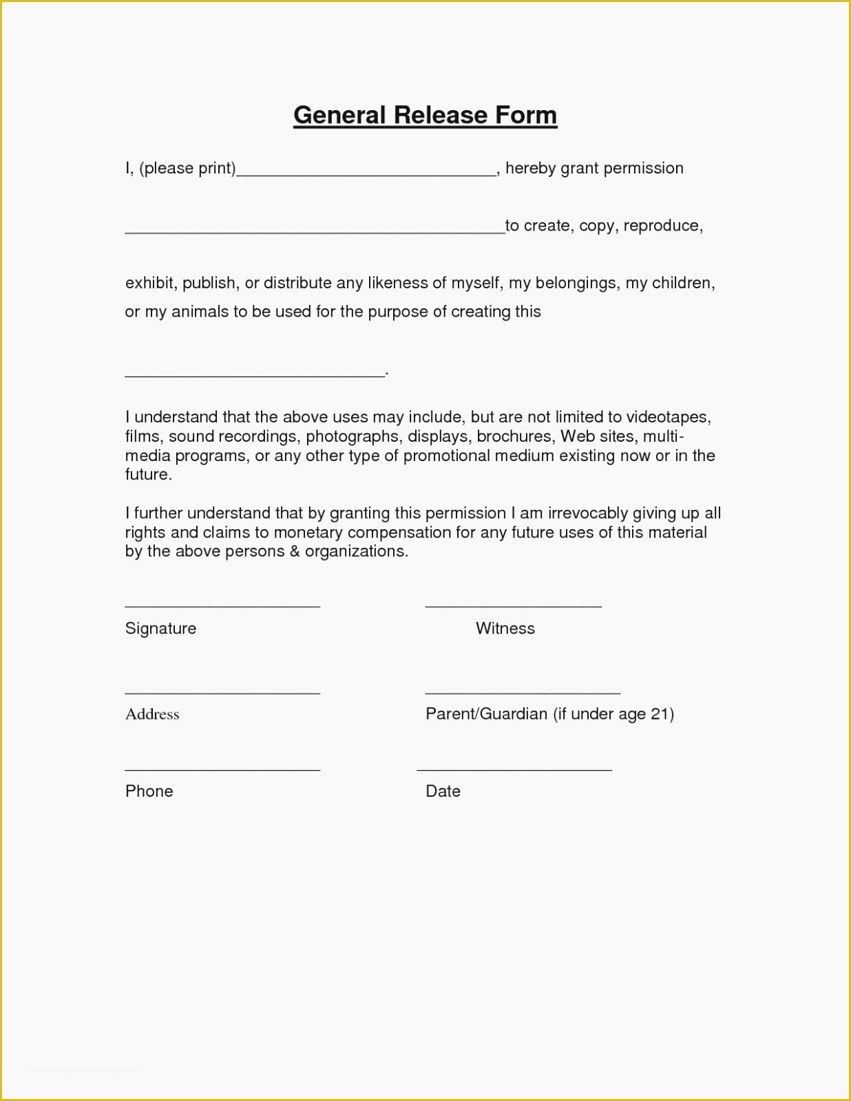 Free General Release form Template Of 98 General Release Template Free General Release form