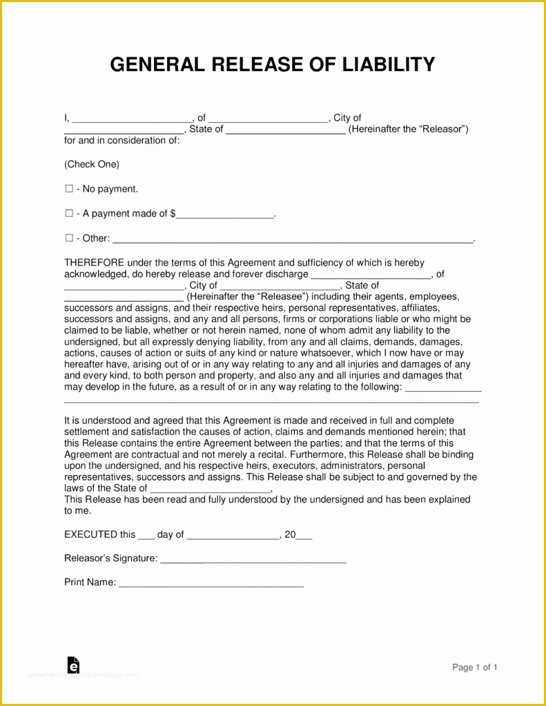 Free General Release form Template Of Free Release Of Liability Hold Harmless Agreement