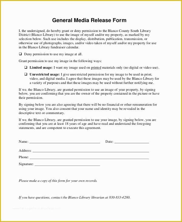 Free General Release form Template Of Sample Media Release form 10 Free Documents In Pdf
