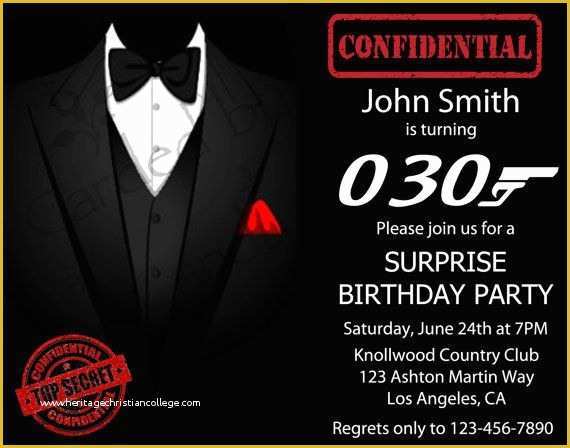 Free James Bond Invitation Template Of Surprise Tux James Bond Birthday Party Invitation by