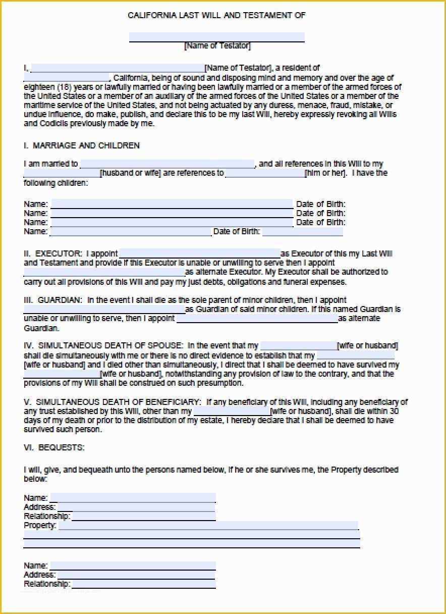 Free Last Will and Testament Template Pdf Of Download California Last Will and Testament form