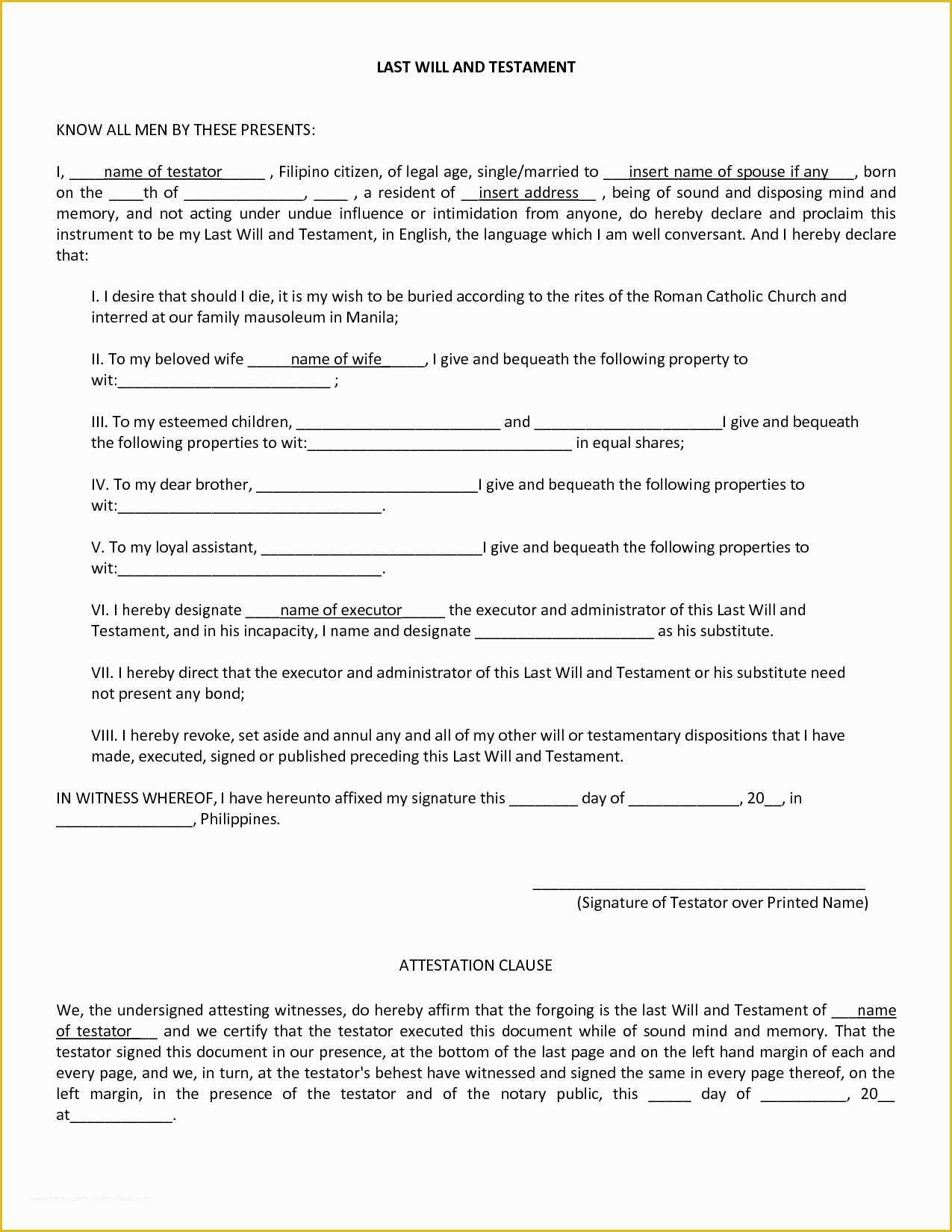Free Last Will and Testament Template Pdf Of form Last Will and Testament form