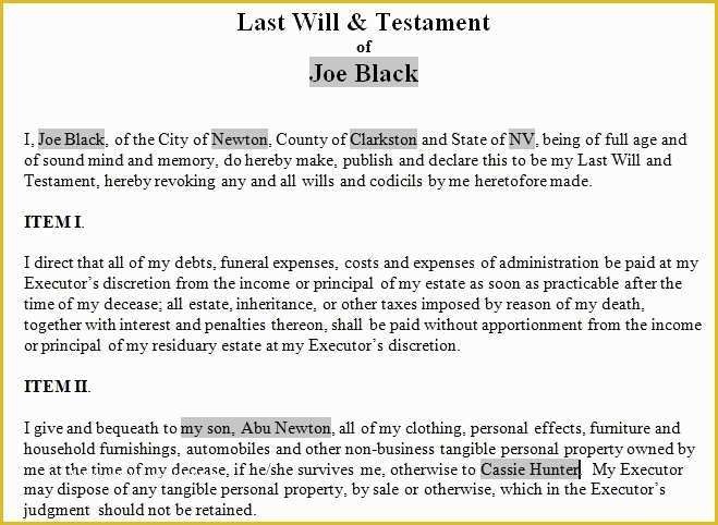 Free Last Will and Testament Template Pdf Of Free Printable Last Will and Testament form Generic