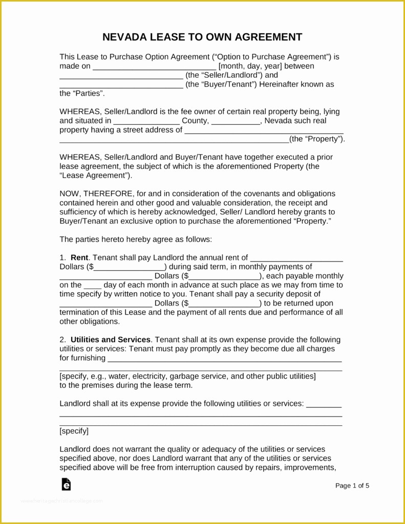Free Lease Purchase Agreement Template Of Free Nevada Lease Agreement with Option to Purchase form