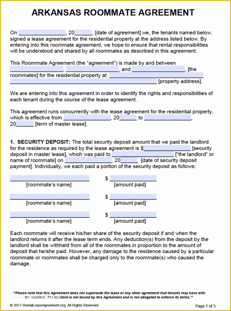 Free Lease Template Of Free Arkansas Roommate Agreement Template – Pdf – Word