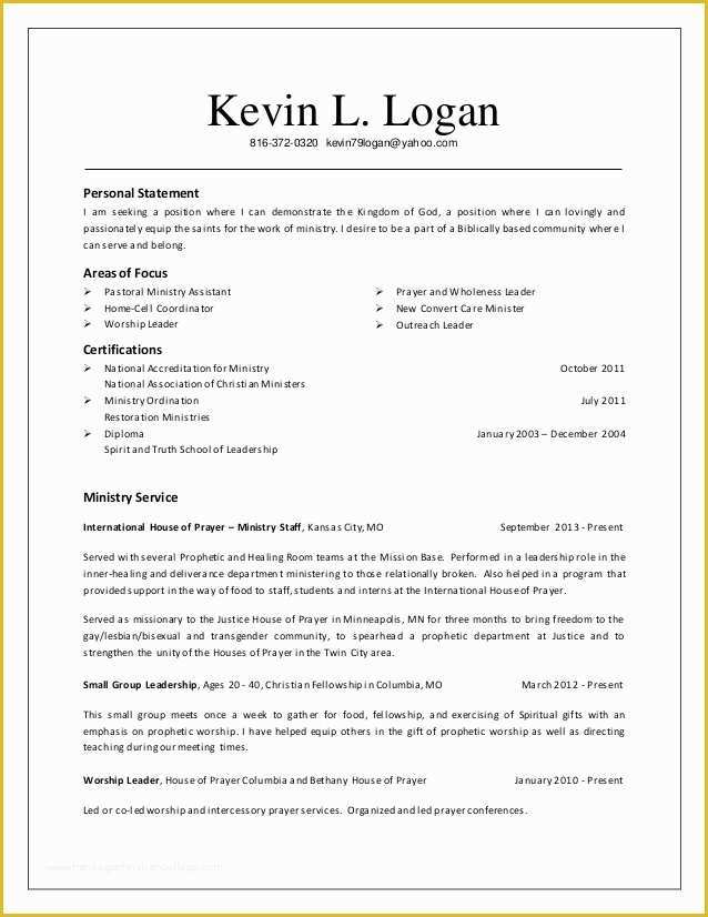 Free Ministry Resume Templates Of Resume Kevin Logan Ministry Resume 2014 10 10