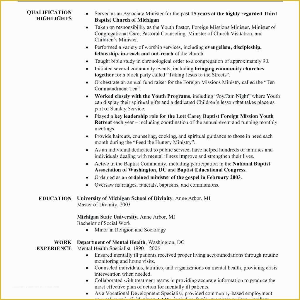 Free Ministry Resume Templates Of Resume Sample Pastor Resume